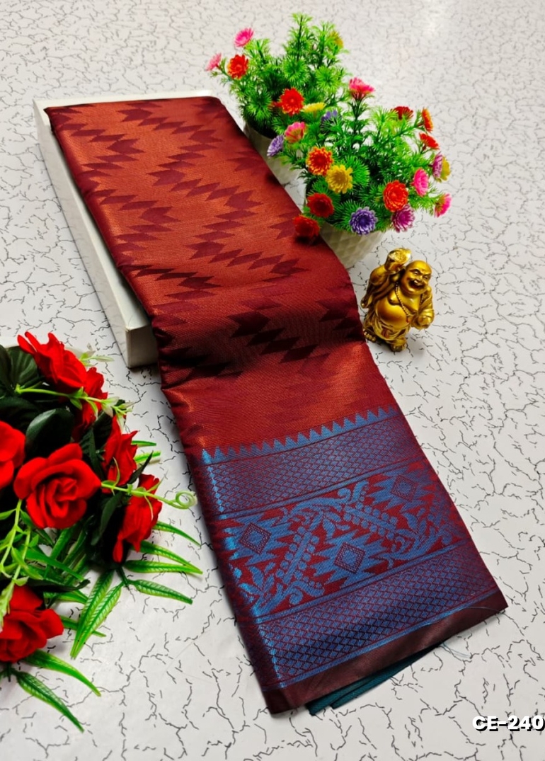 Premium monika cotton silk saree rapier fancy light weight silk type sarees flower design function wear - MERUN