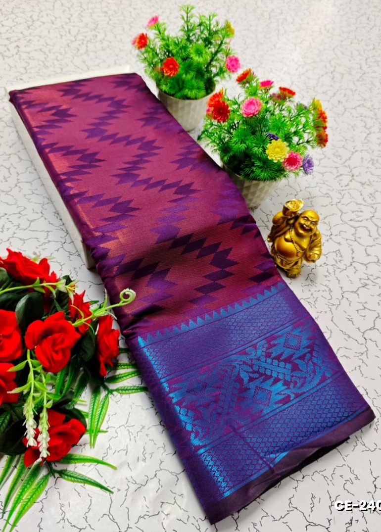 Premium monika cotton silk saree rapier fancy light weight silk type sarees flower design function wear - PURPLE COLOUR