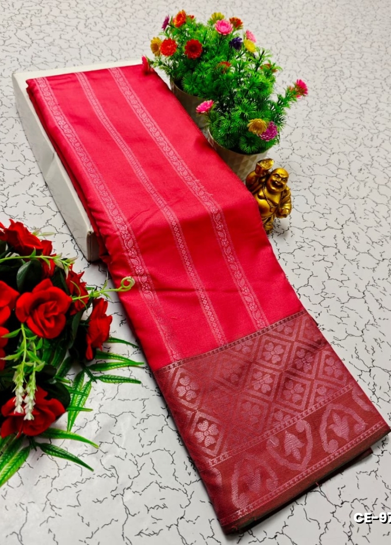 Premium monika soft silk saree rapier fancy light weight silk type sarees flower design function wear - DARK PINK