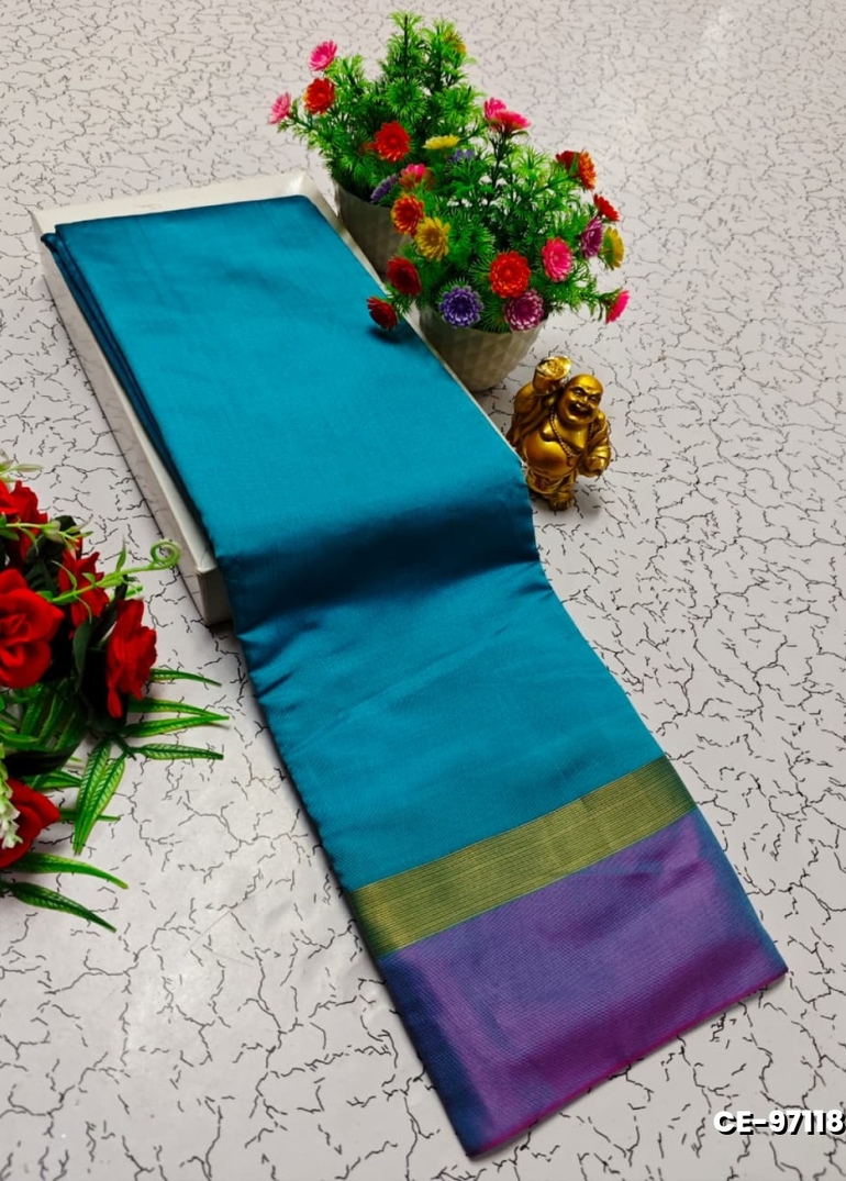 Fancy plain soft silk sarees  with contrast border - BLUE SHADE