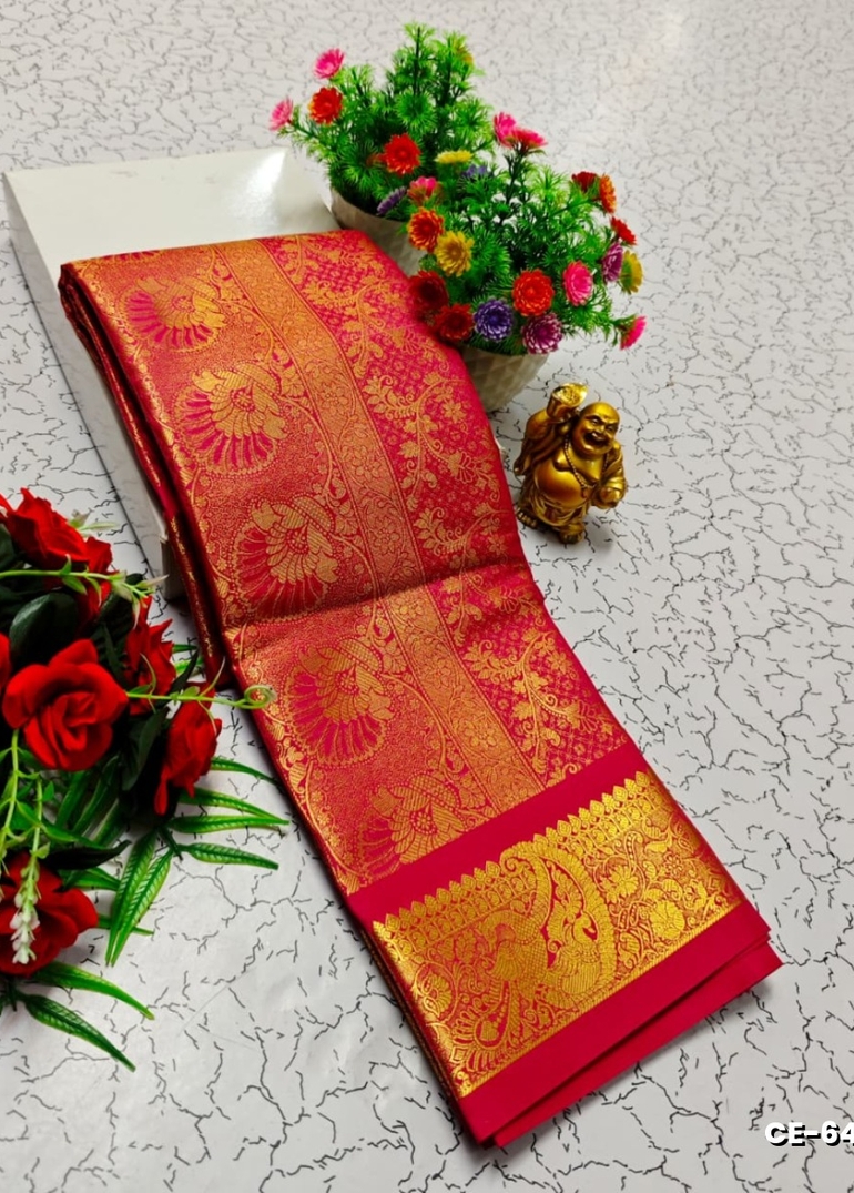 Premium fancy banarasi  soft silk saree rapier fancy  light weight silk type sarees flower design function wear - DARK PINK