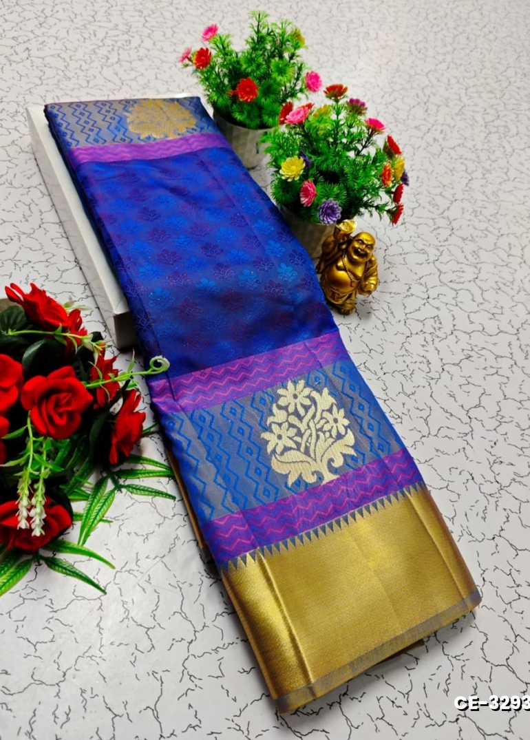Elampillai Butta empose saree | karizma silk / soft silk | 3d embossed weave - BLUE COLOUR