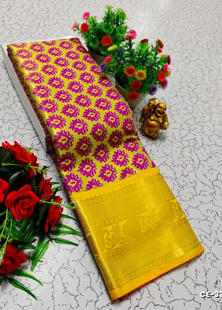 Tissue saree made from a lightweight, sheer fabric known as tissue sarees - YELLOW
