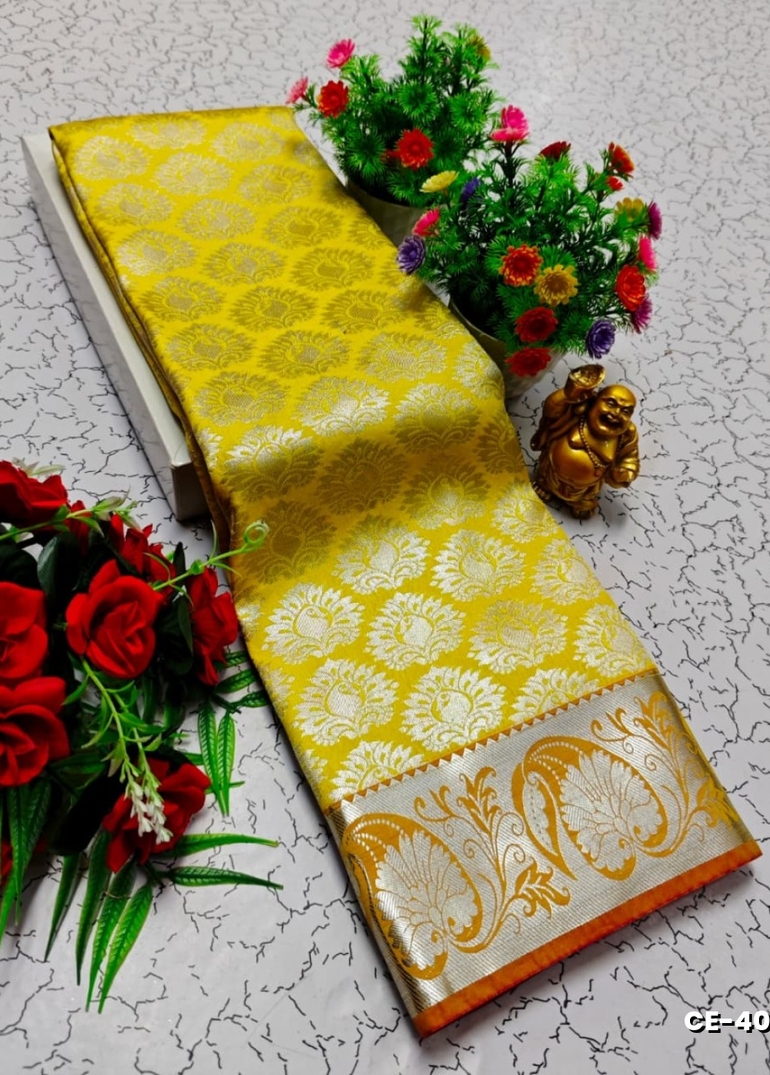 Bridal silk gold silvar and copper zari weave and wedding art silk sarees - YELLOW (5)