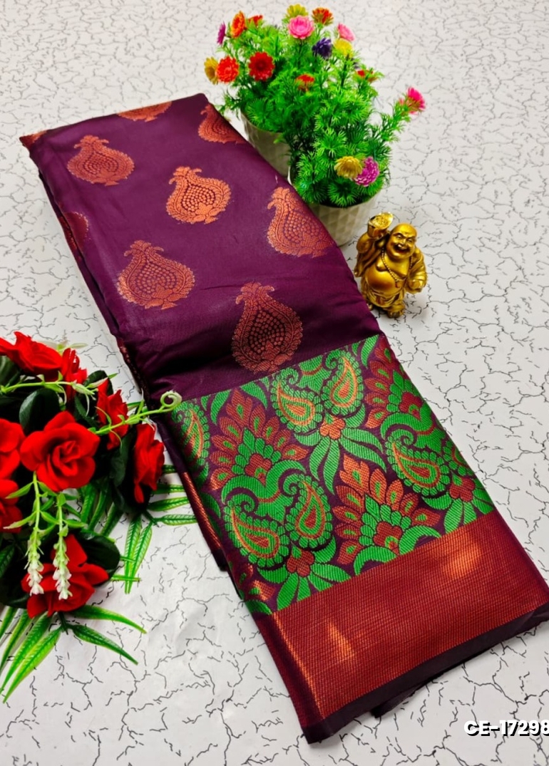 Premium monika cotton silk saree rapier fancy light weight silk type sarees flower design function wear - WINE COLOUR