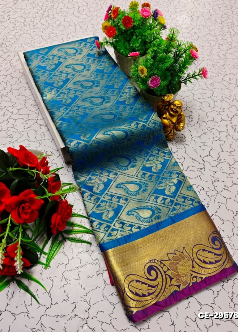 Premium soft silk  saree rapier fancy light weight silk type sarees flower design function wear- BLUE SHADE
