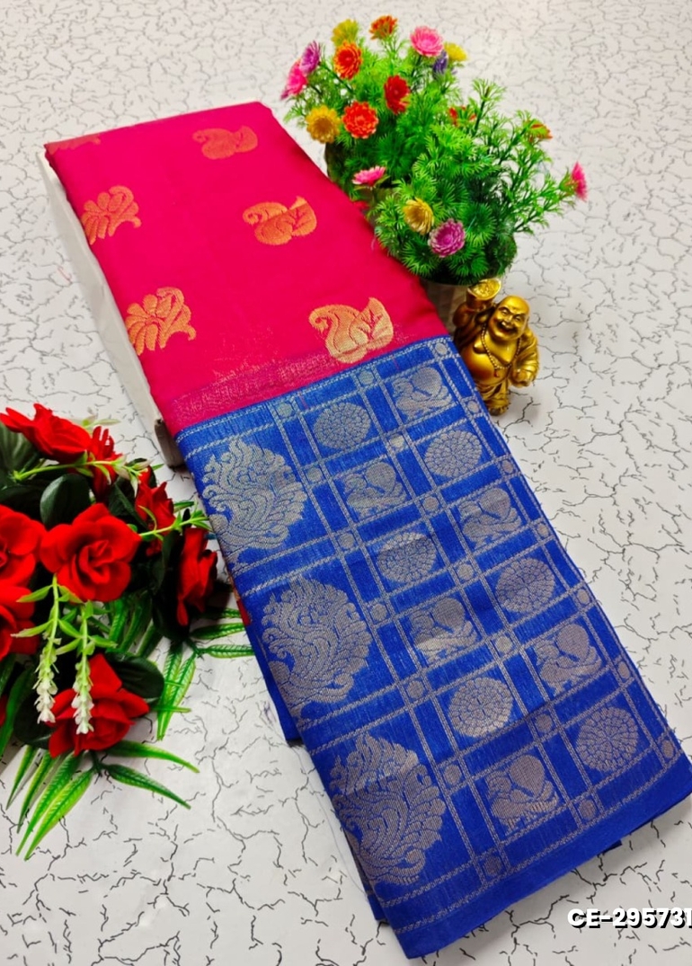 Premium Silk Cotton  saree rapier fancy light weight silk type sarees flower design function wear - DARK PINK