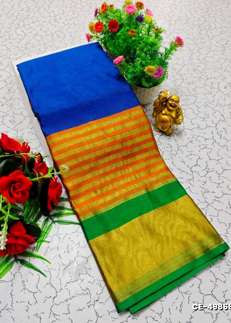 Premium Monika Cotton  saree rapier fancy light weight silk type sarees flower design function wear - BLUE SHADE (1)