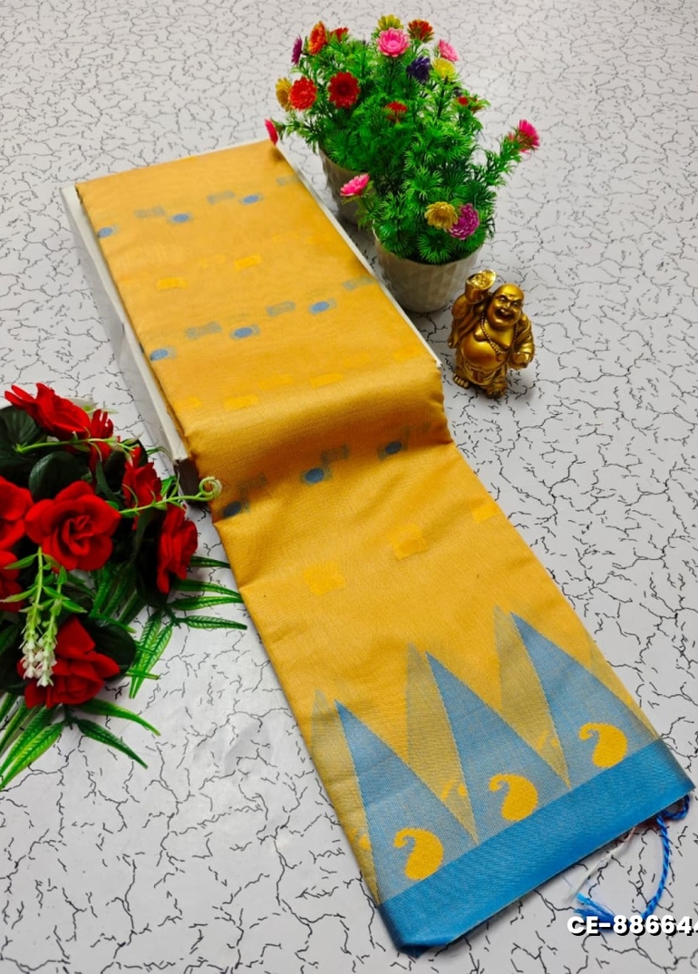 Premium Monika Cotton  saree rapier fancy light weight silk type sarees flower design function wear - LIGHT YELLOW (1)