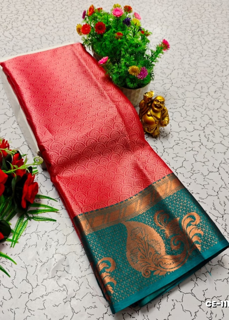 Premium Monika Cotton  saree rapier fancy light weight silk type sarees flower design function wear - CORAL COLOUR (2)