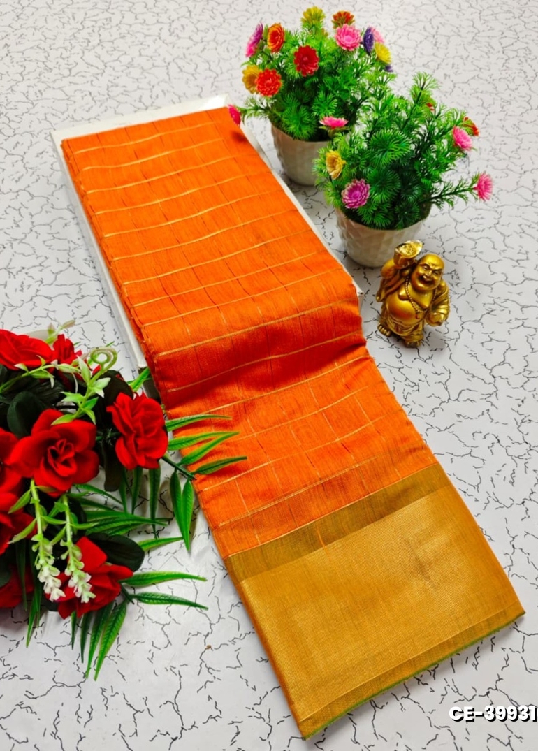 Premium Silk Cotton  saree rapier fancy light weight silk type sarees flower design function wear - ORANGE
