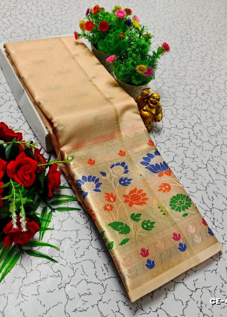 Premium tissue saree rapier fancy light weight silk type sarees flower design function wear - PEACH COLOUR