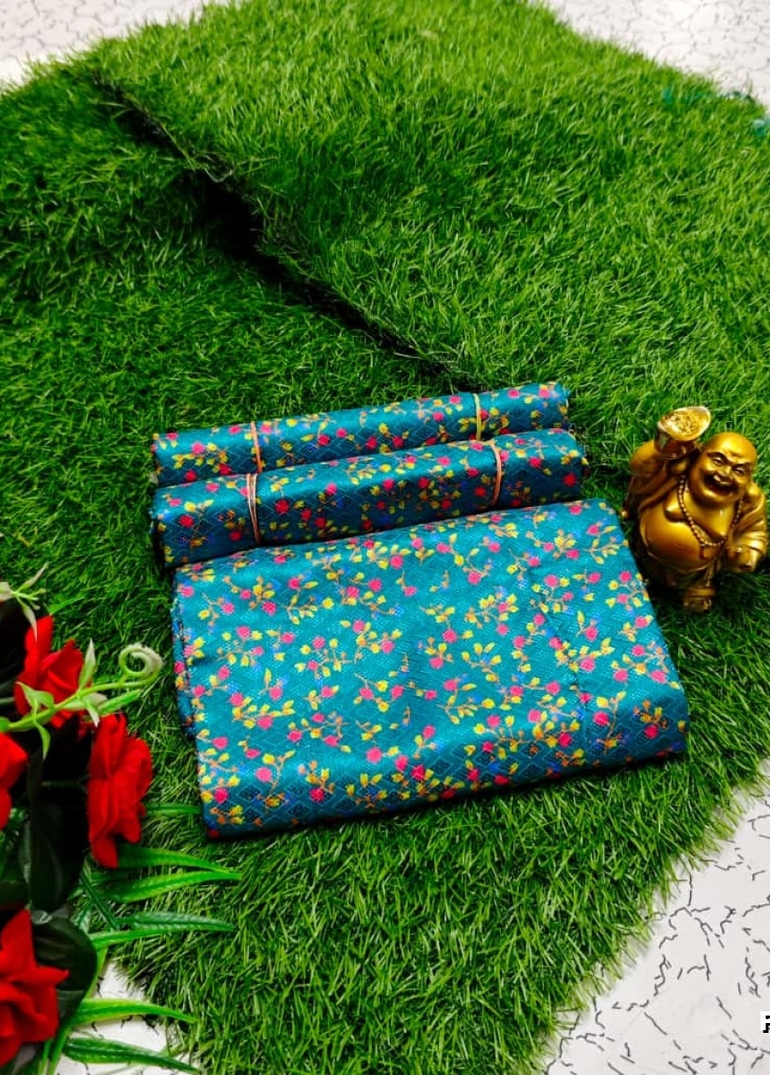 Designer Multi-Color Floral Print Blouse Fabric - TEAL COLOUR