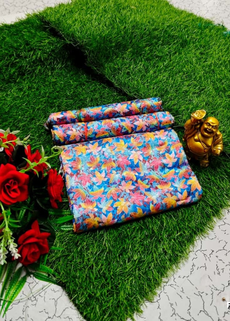 Designer Multi-Color Floral Print Blouse Fabric - BLUE COLOUR (1)