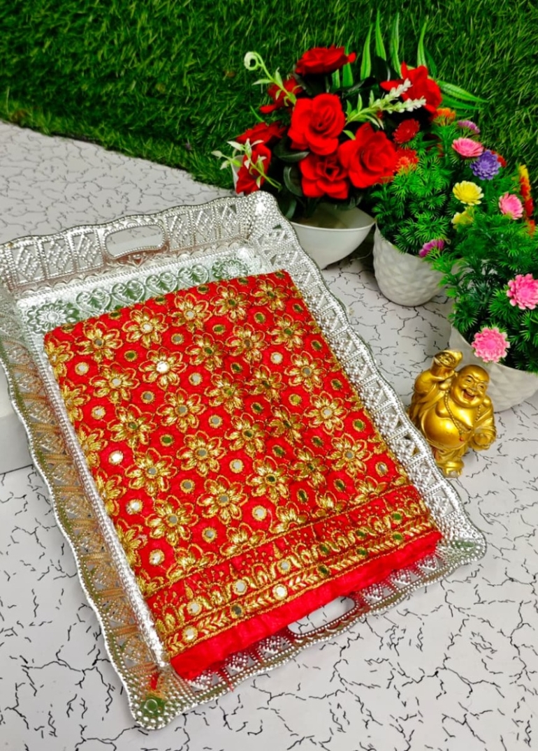 Luxurious heavy work blouse fabric with floral goldwork jaal border - RED (8)