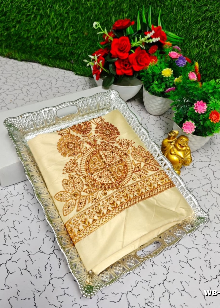Luxurious heavy work blouse fabric with floral goldwork jaal border - CREAM