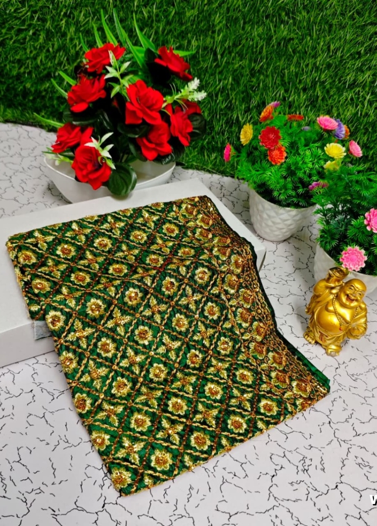 Luxurious heavy work blouse fabric with floral goldwork jaal border - GREEN COLOUR