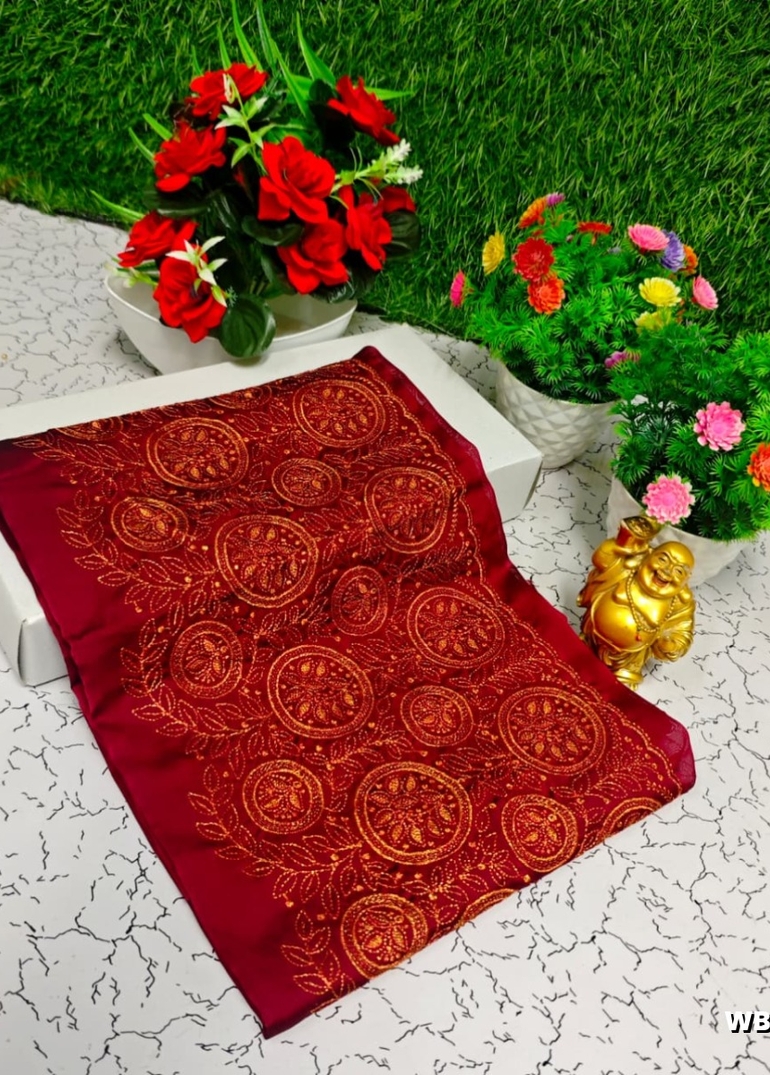 Luxurious heavy work blouse fabric with floral goldwork jaal border - MAROON COLOR