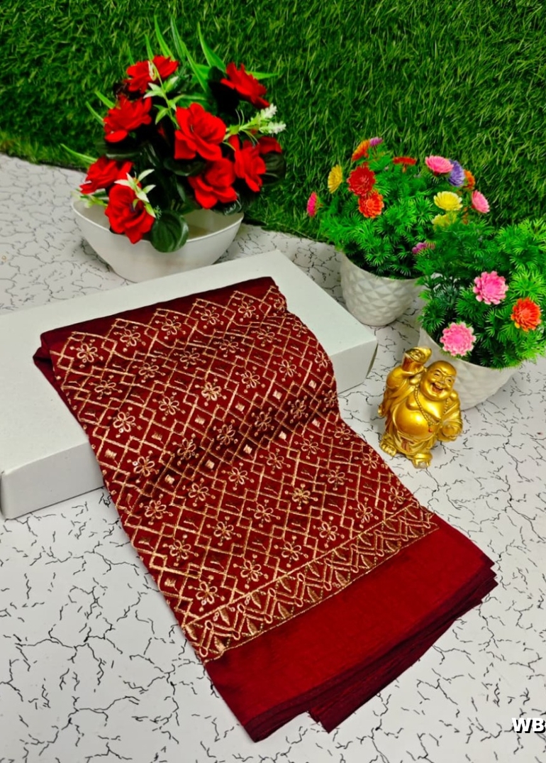 Luxurious heavy work blouse fabric with floral goldwork jaal border - BROWN COLOUR