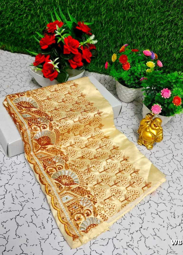 Luxurious heavy work blouse fabric with floral goldwork jaal border - BEIGE COLOUR