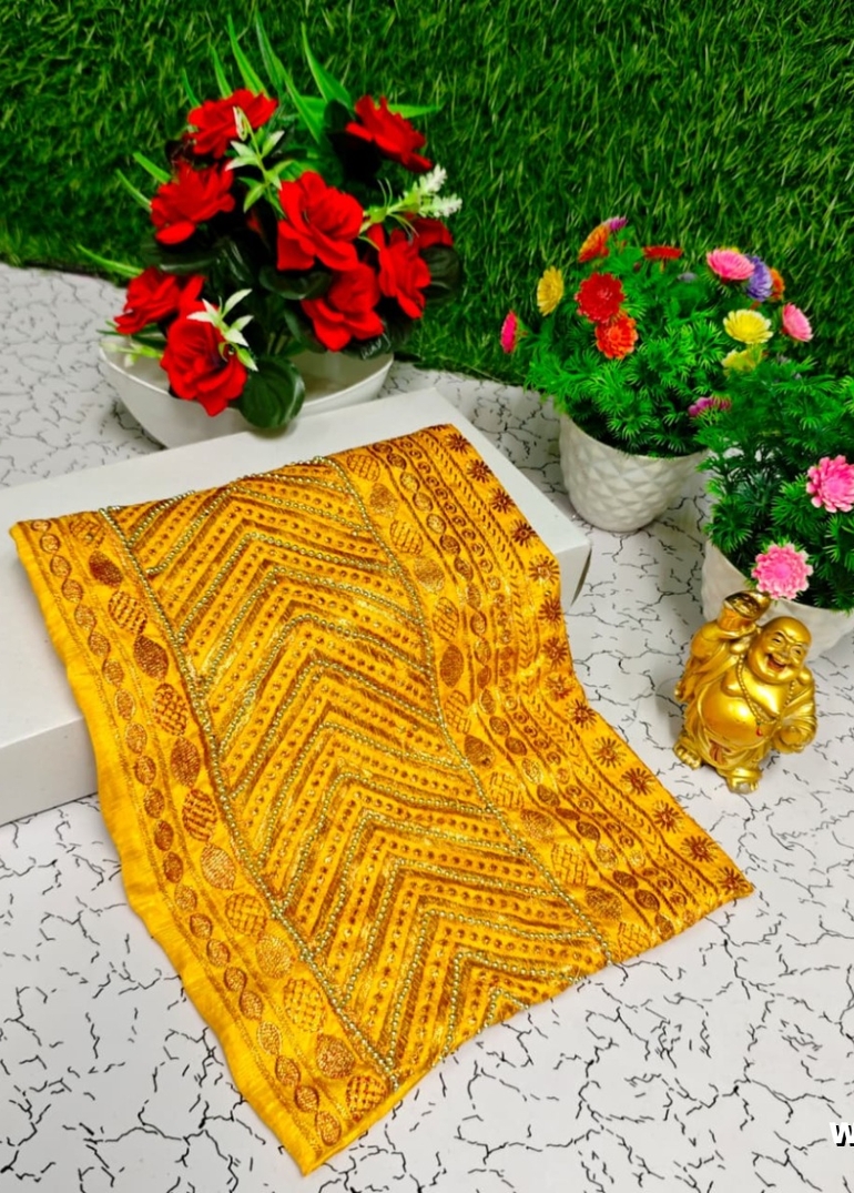 Luxurious heavy work blouse fabric with floral goldwork jaal border - GOLDEN