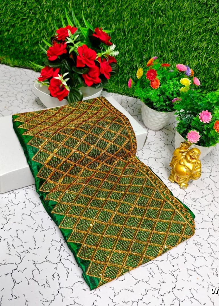 Luxurious heavy work blouse fabric with floral goldwork jaal border - DARK GREEN