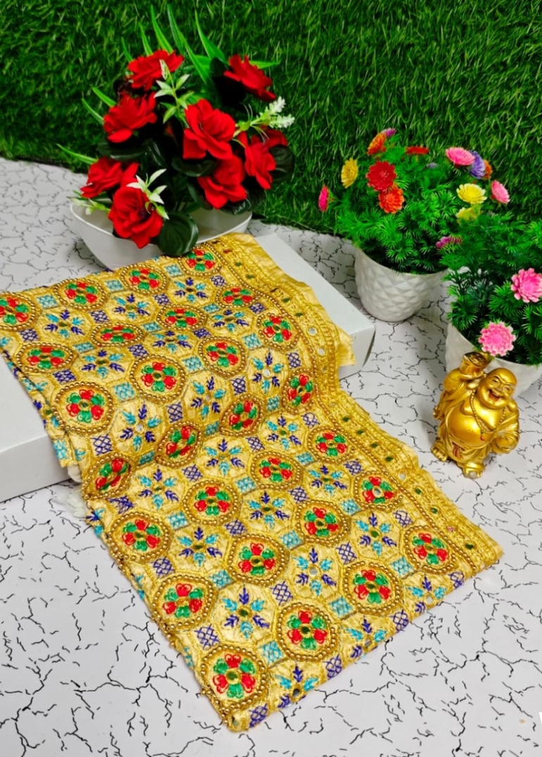 Luxurious heavy work blouse fabric with floral goldwork jaal border - LIGHT SANDLE