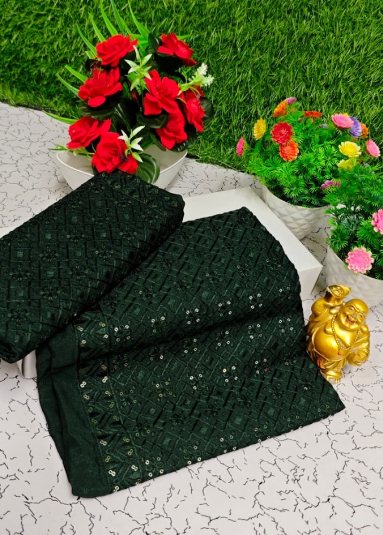 Luxurious heavy work blouse fabric with floral goldwork jaal border - GREEN