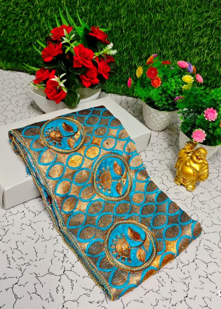 Luxurious heavy work blouse fabric with floral goldwork jaal border - BLUE SHADE