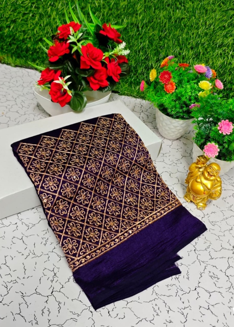 Luxurious heavy work blouse fabric with floral goldwork jaal border - INDIGO COLOUR