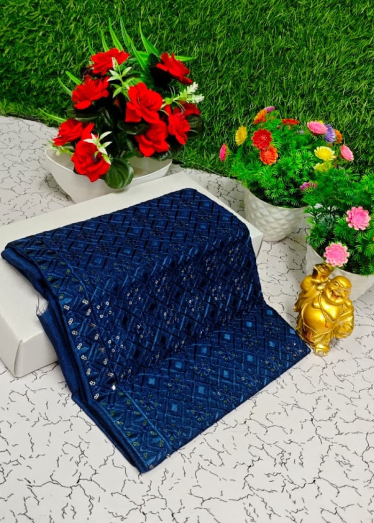 Luxurious heavy work blouse fabric with floral goldwork jaal border - PEACKOK BLUE