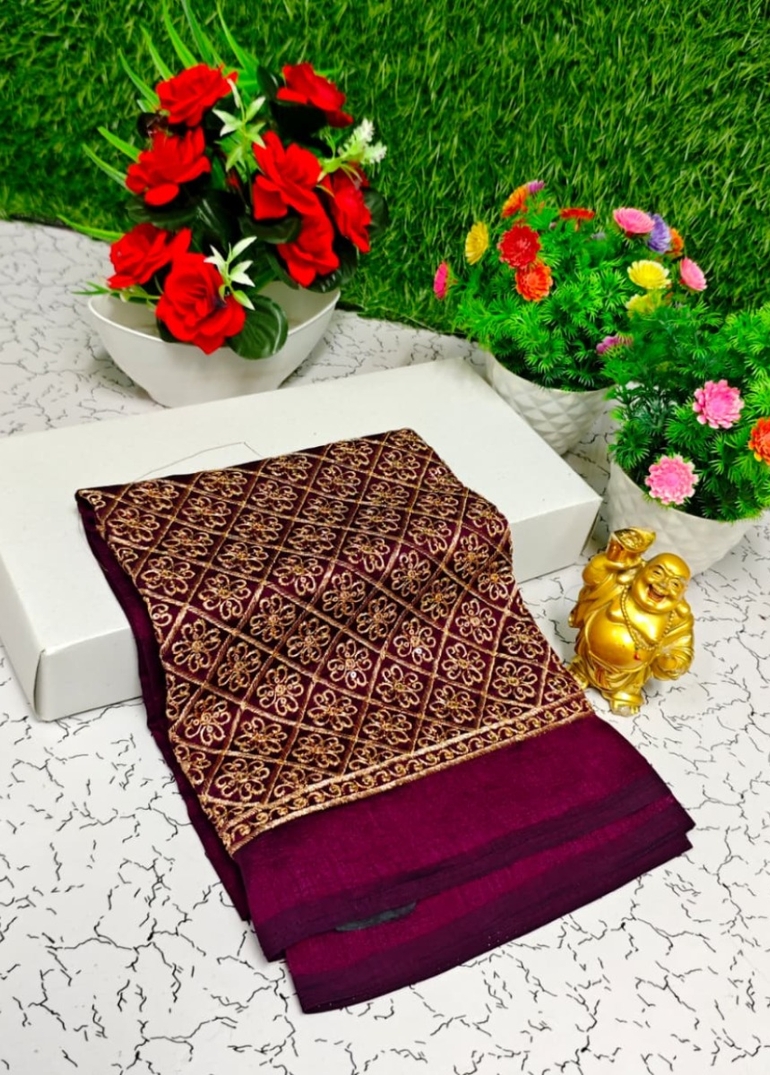 Luxurious heavy work blouse fabric with floral goldwork jaal border - MEJANTA