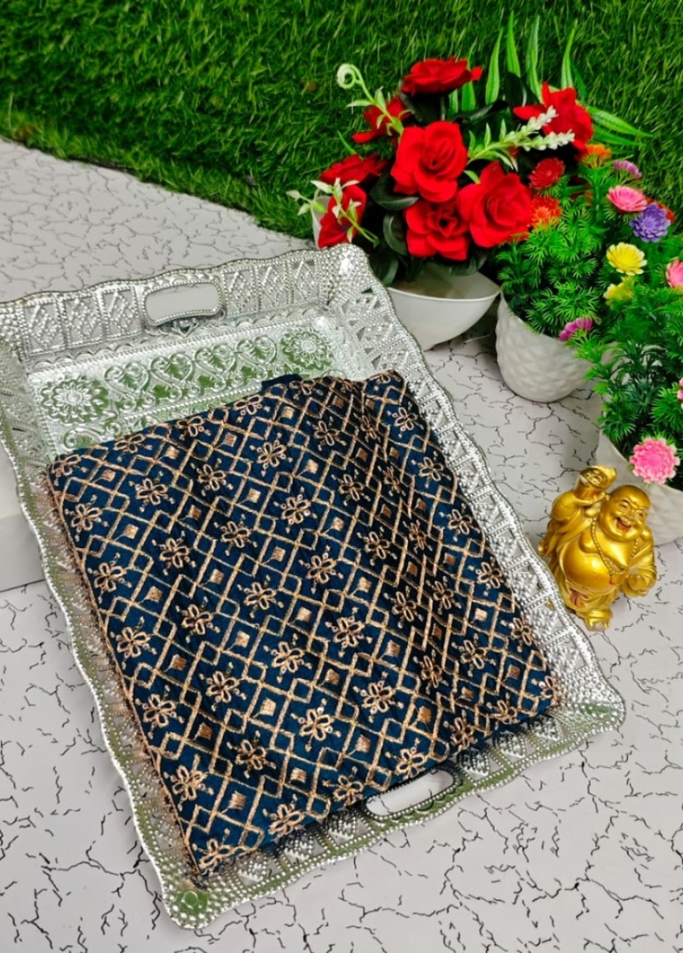 Luxurious heavy work blouse fabric with floral goldwork jaal border - PEACOCK BLUE