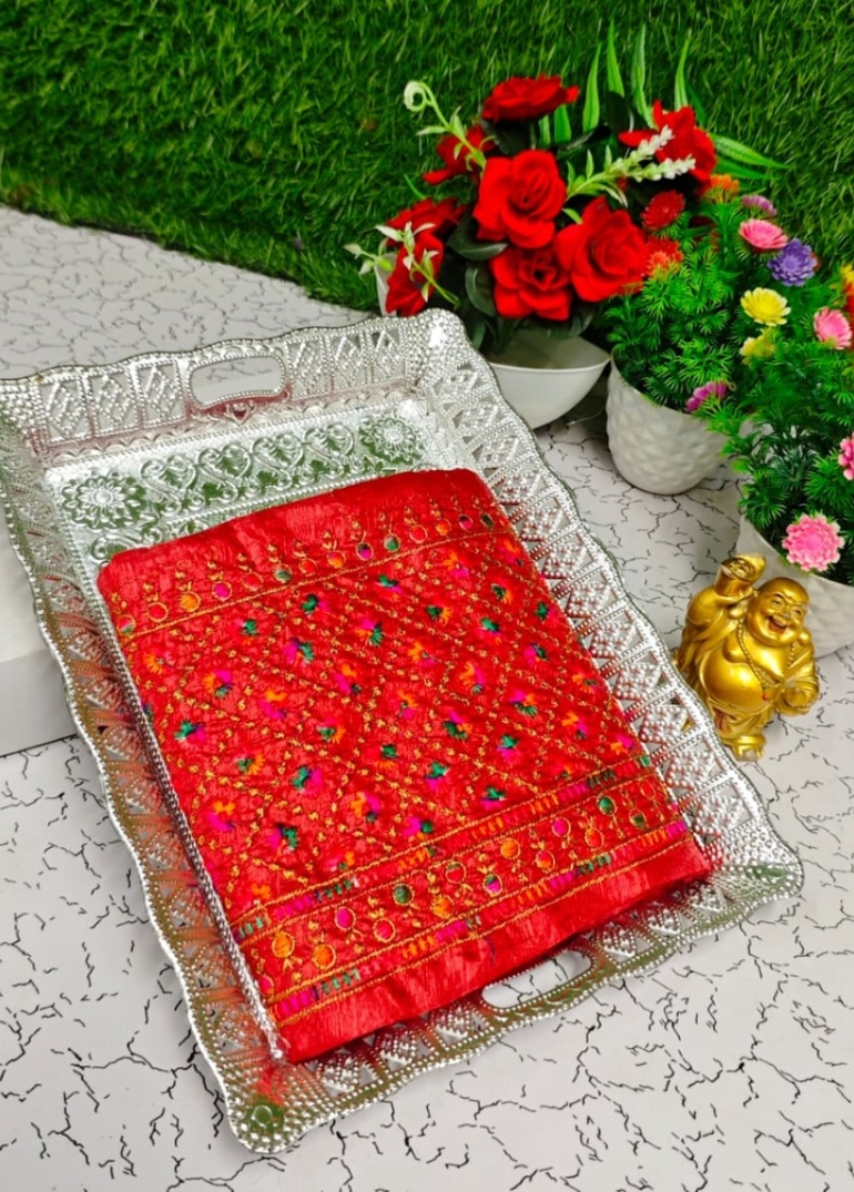 Luxurious heavy work blouse fabric with floral goldwork jaal border - DARK PINK (10)