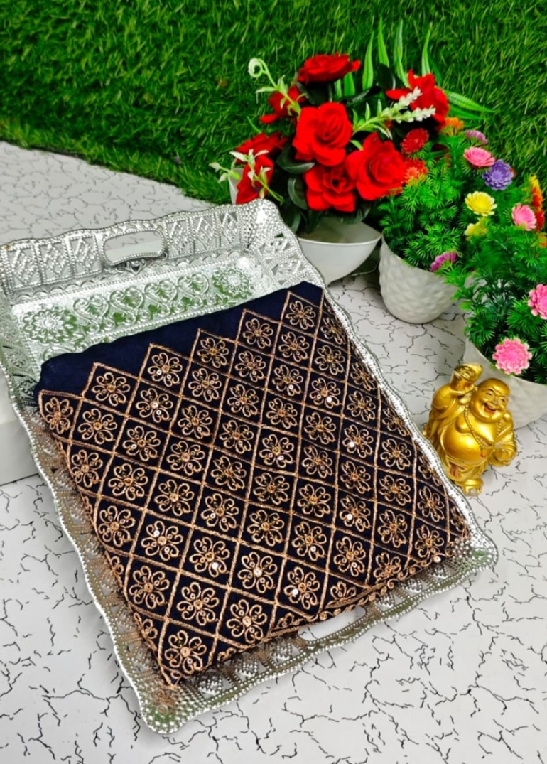 Luxurious heavy work blouse fabric with floral goldwork jaal border - R BLUE (1)