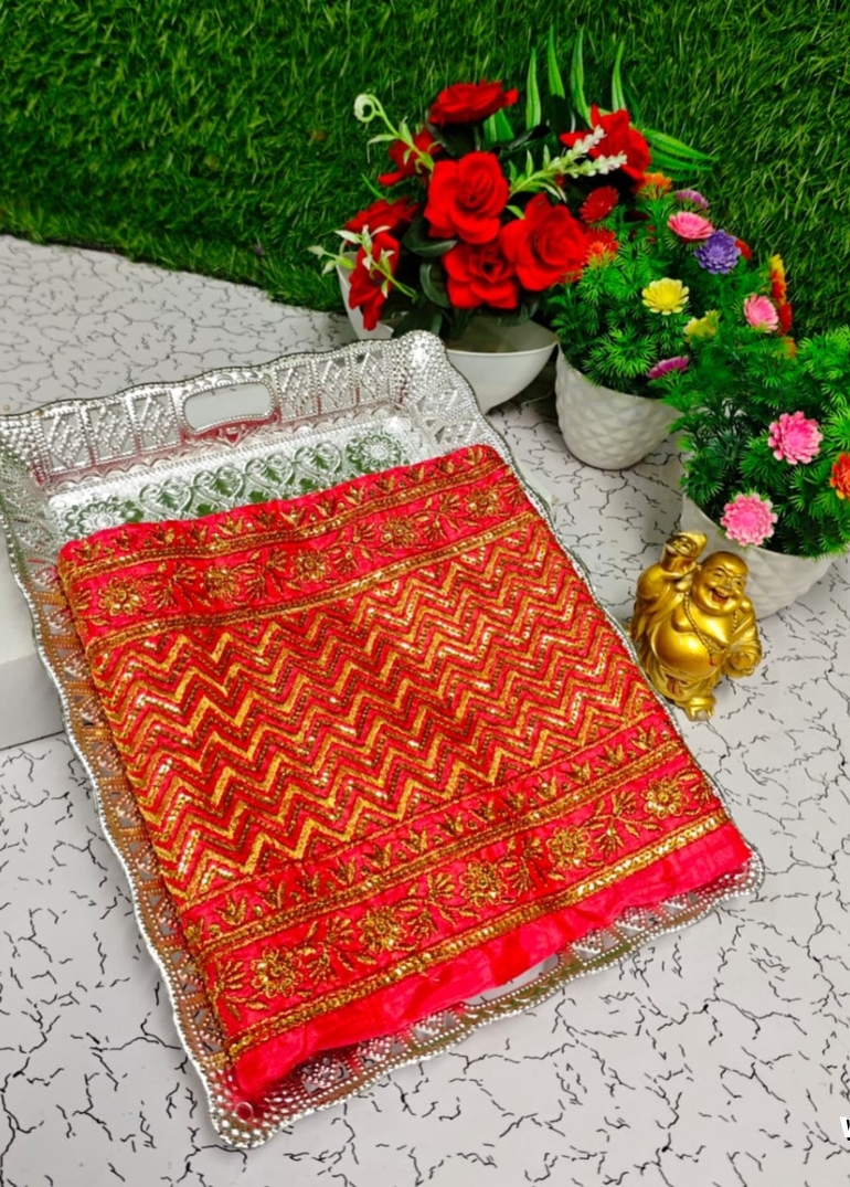 Luxurious heavy work blouse fabric with floral goldwork jaal border - DARK PINK (11)