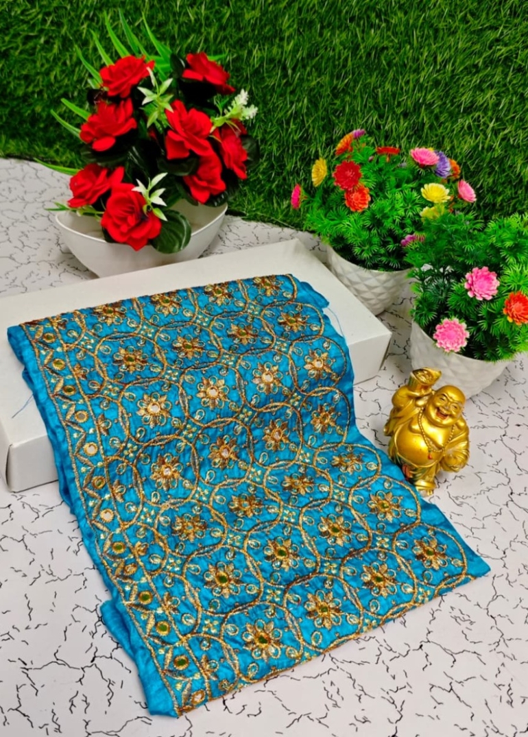 Luxurious heavy work blouse fabric with floral goldwork jaal border - BLUE COLOUR (1)