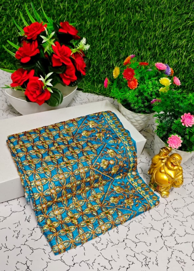 Luxurious heavy work blouse fabric with floral goldwork jaal border - BLUE SHADE (2)