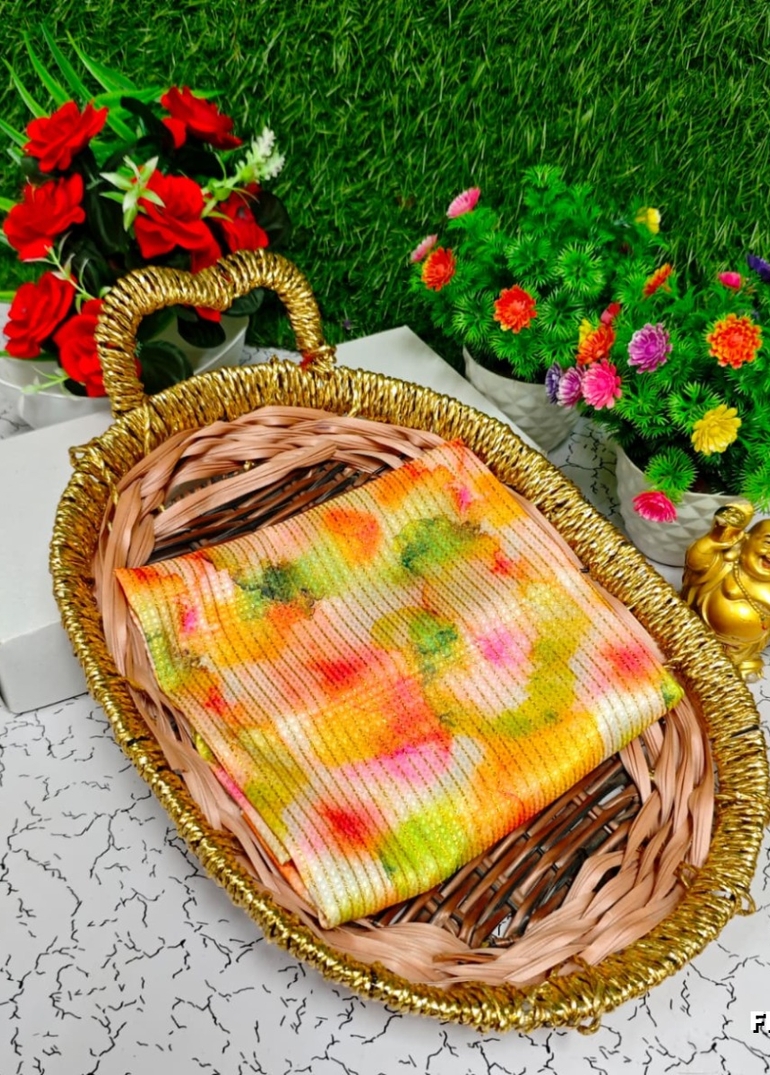 Designer Multi-Color Floral Print Blouse Fabric - LIGHT ORANGE