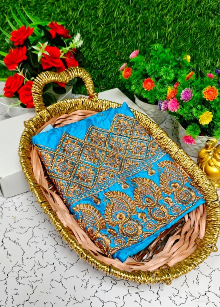 Luxurious heavy work blouse fabric with floral goldwork jaal border - BLUE SHADE (3)