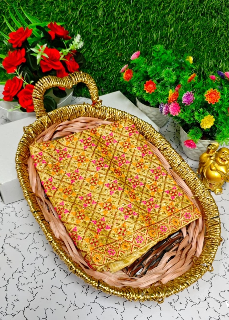 Luxurious heavy work blouse fabric with floral goldwork jaal border - GOLD