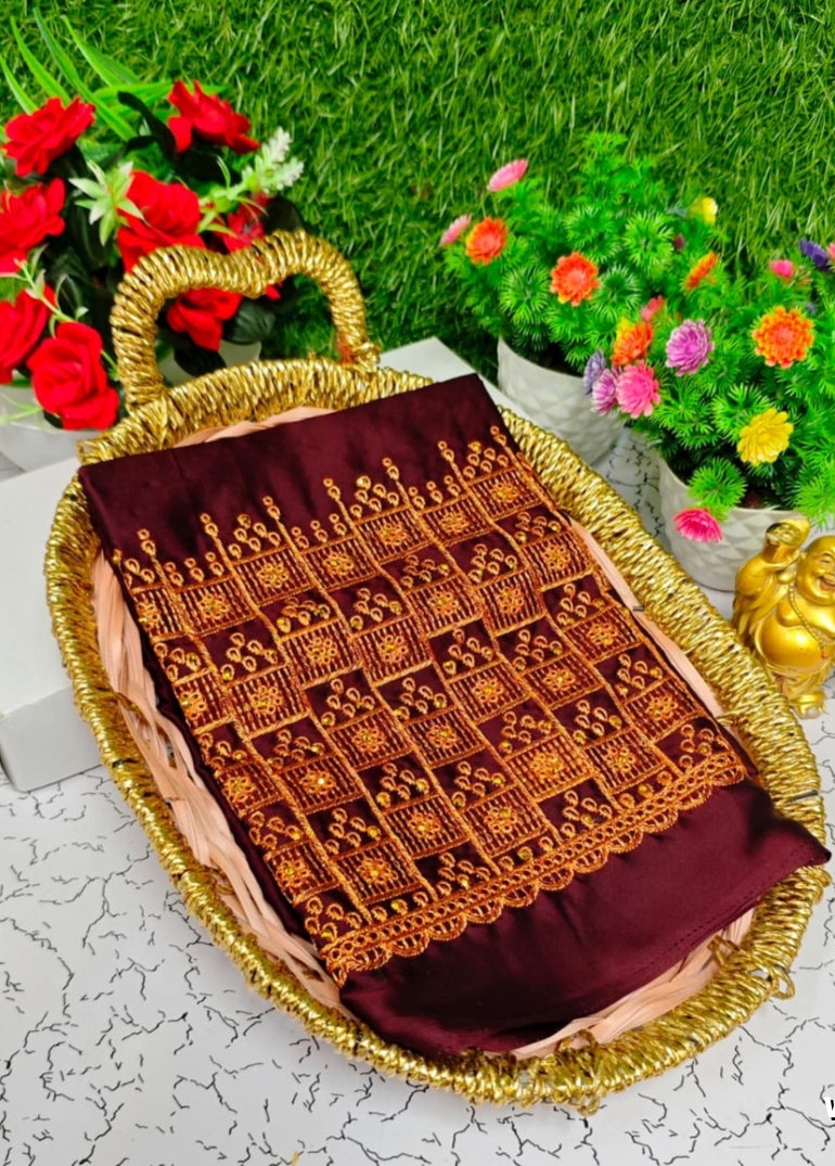Luxurious heavy work blouse fabric with floral goldwork jaal border - BROWN COLOUR (1)