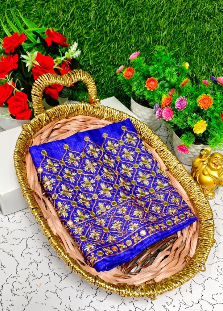 Luxurious heavy work blouse fabric with floral goldwork jaal border - ROYAL BLUE (6)