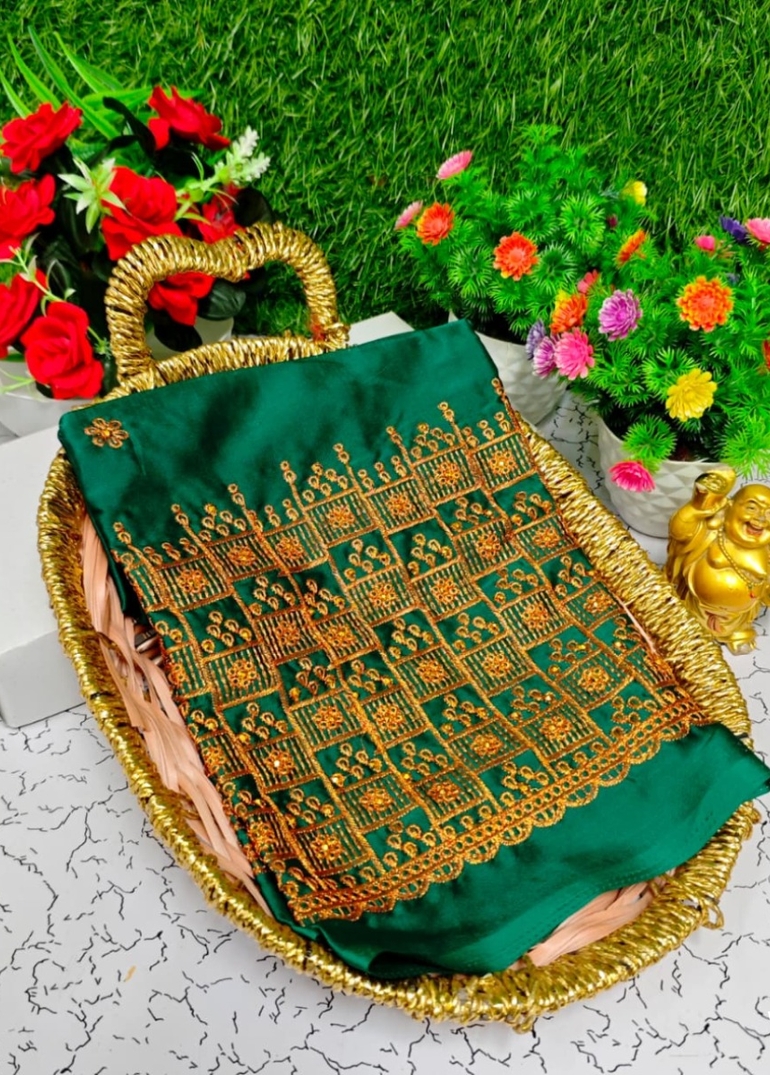 Luxurious heavy work blouse fabric with floral goldwork jaal border - GREEN COLOUR (1)