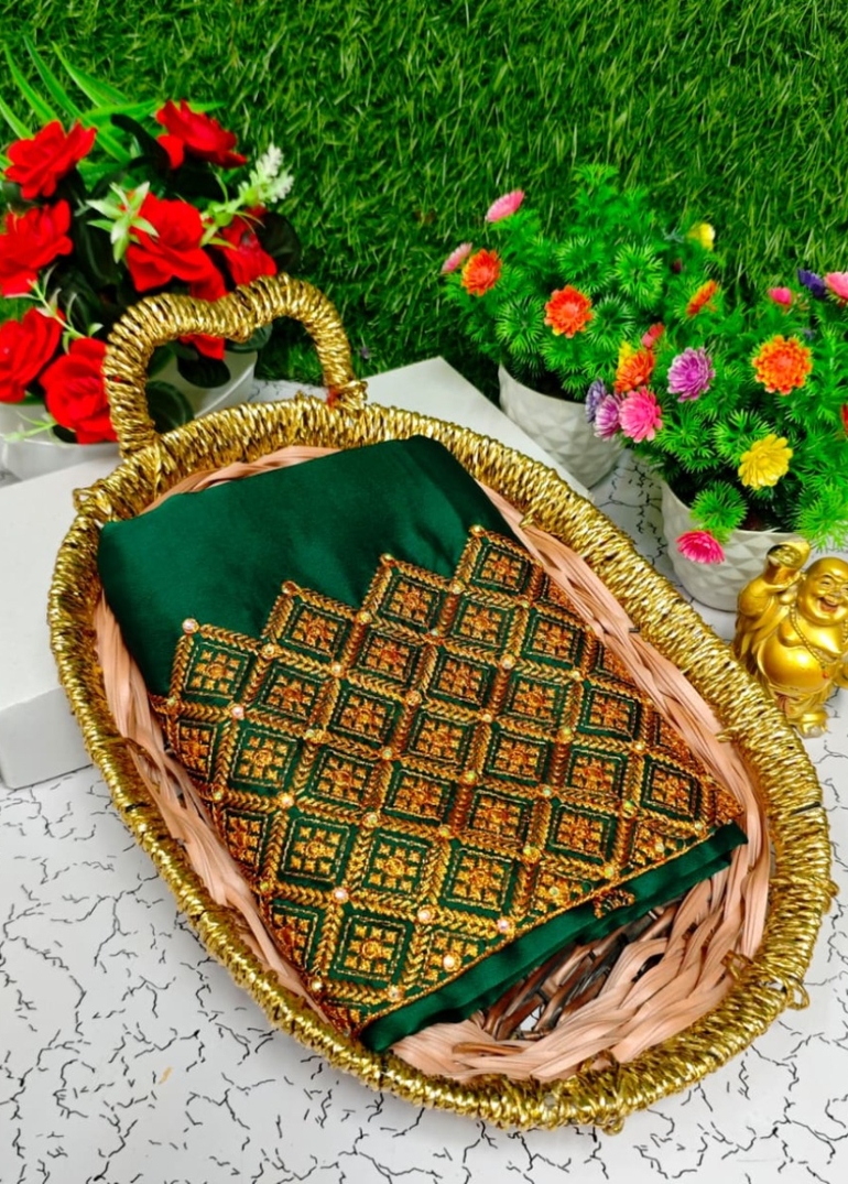 Luxurious heavy work blouse fabric with floral goldwork jaal border - GREEN (1)