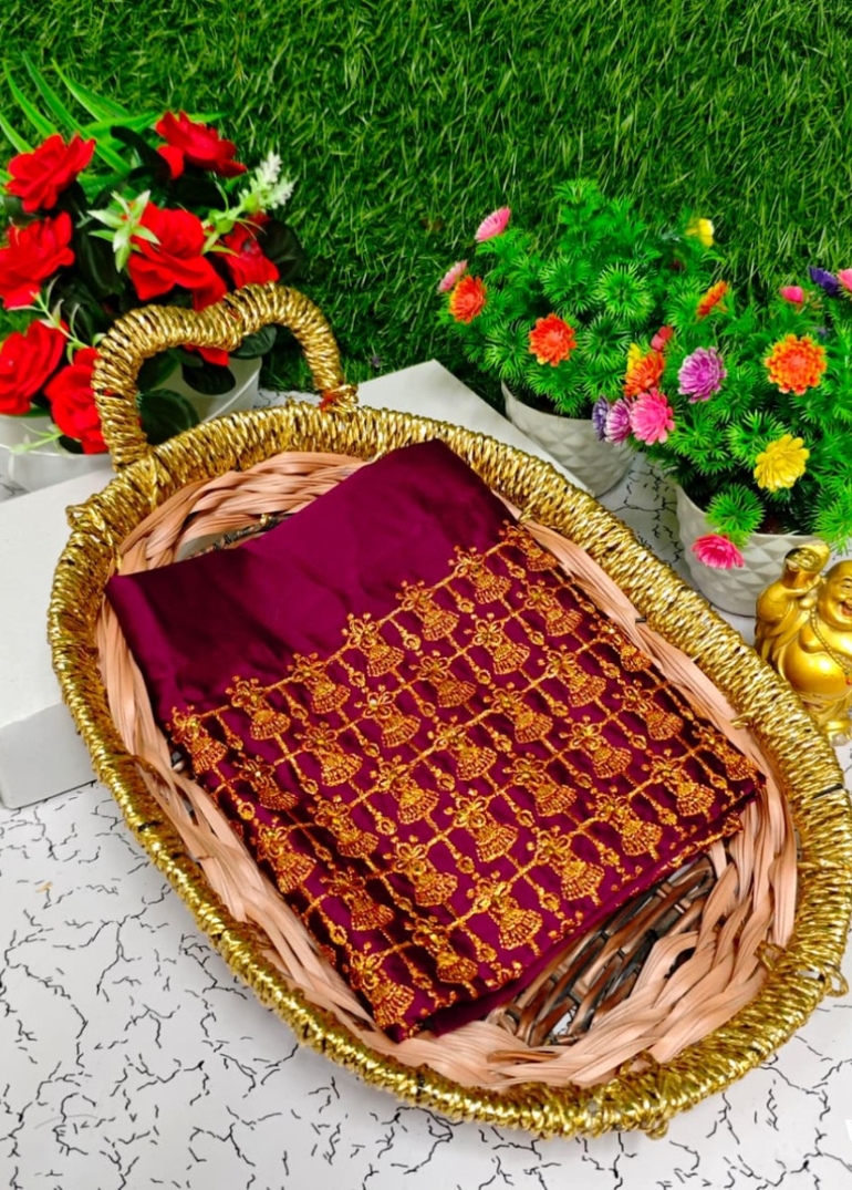 Luxurious heavy work blouse fabric with floral goldwork jaal border - MERUN (8)