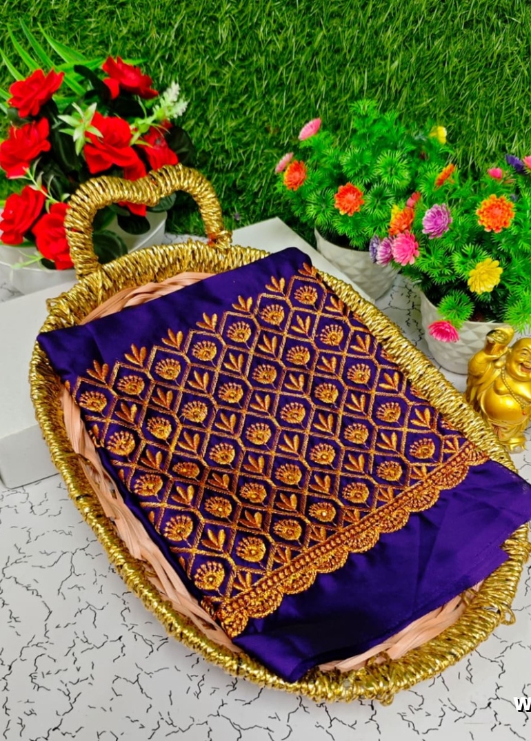 Luxurious heavy work blouse fabric with floral goldwork jaal border - BRINJAL COLOUR (3)