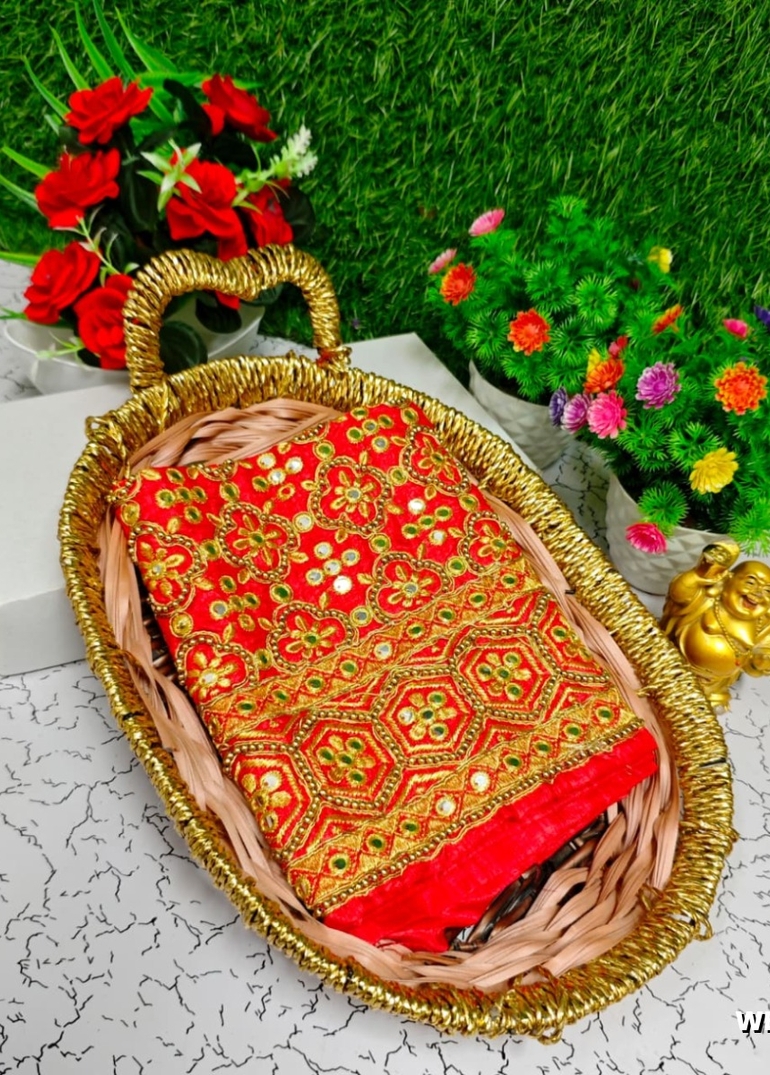 Luxurious heavy work blouse fabric with floral goldwork jaal border - RED (11)