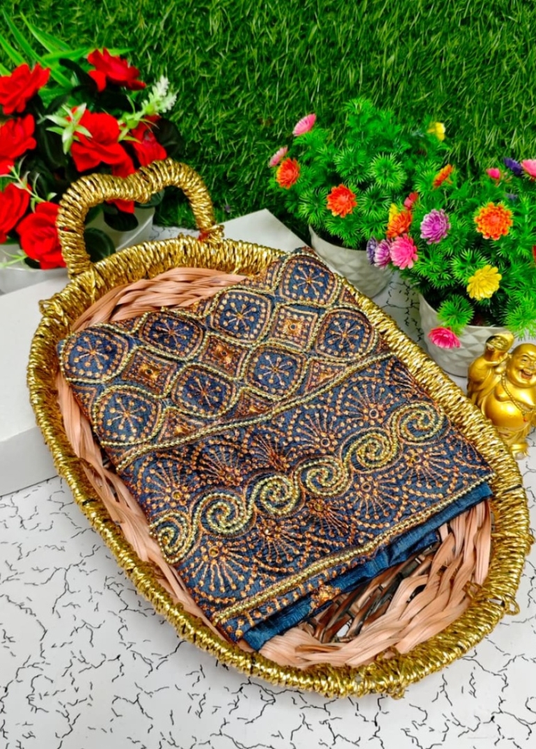 Luxurious heavy work blouse fabric with floral goldwork jaal border - GRAY