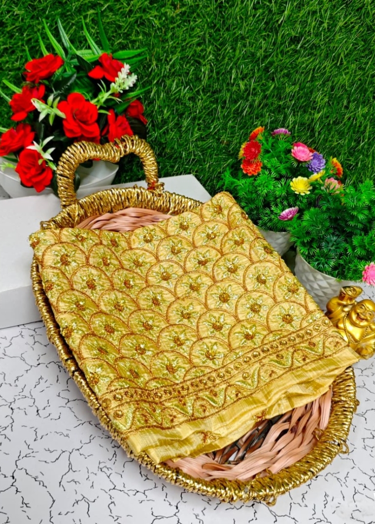 Luxurious heavy work blouse fabric with floral goldwork jaal border - SANDLE (1)